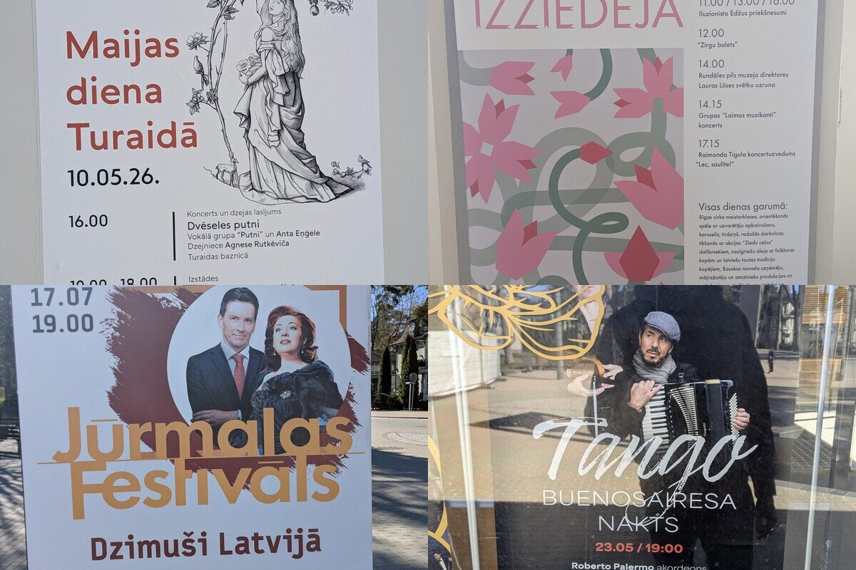 Vier Veranstaltungs­plakate aus Lettland im Frühling 2026 — Maijas Tag in Turaida, Schloss-Garten­fest Rundāle, Tango Buenos Aires Nacht und das Jūrmala-Festival.