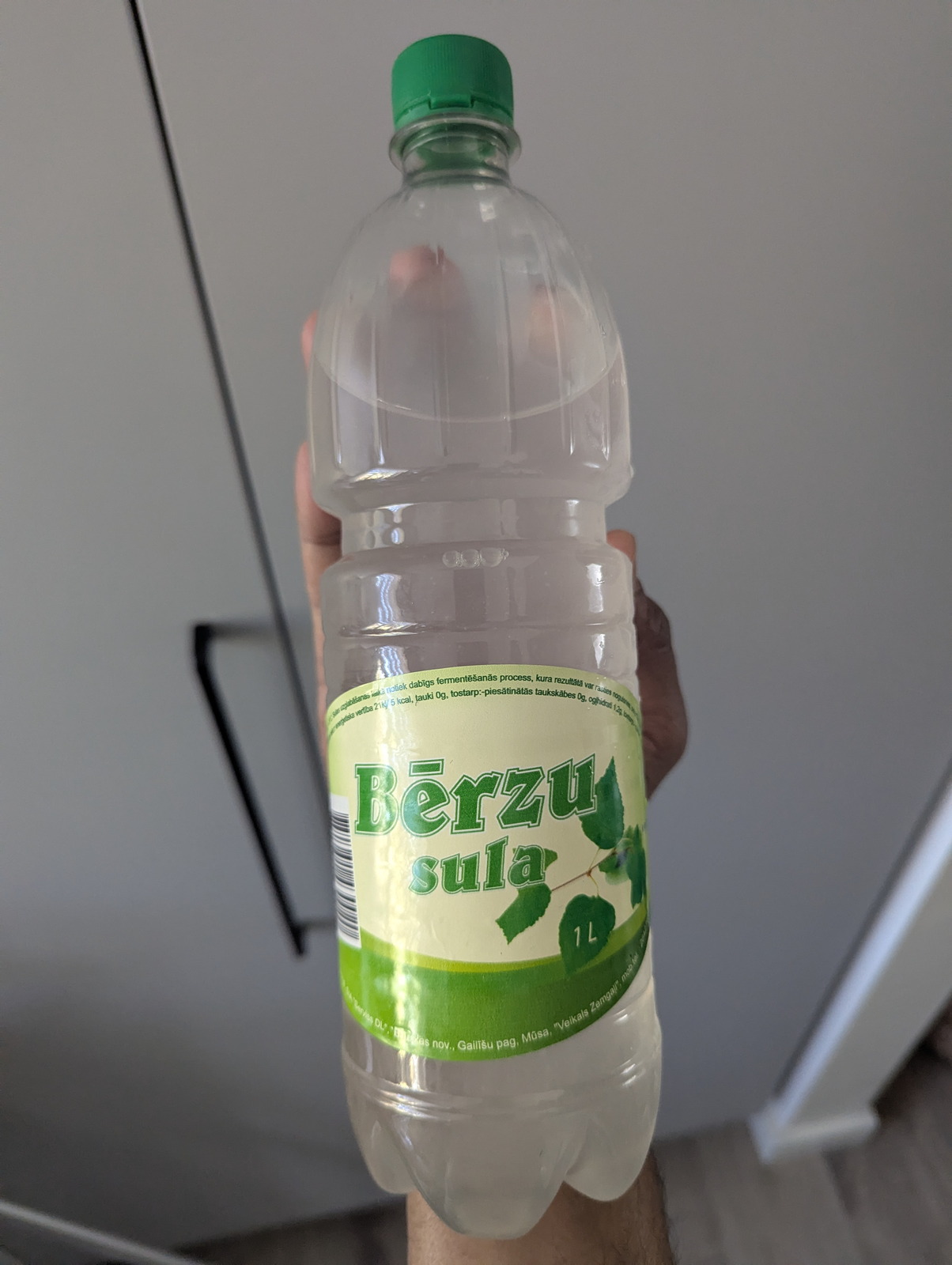 Eine 1-Liter-PET-Flasche Bērzu sula (lettischer Birkensaft) mit grünem Blattetikett, gegen eine Küchenwand gehalten