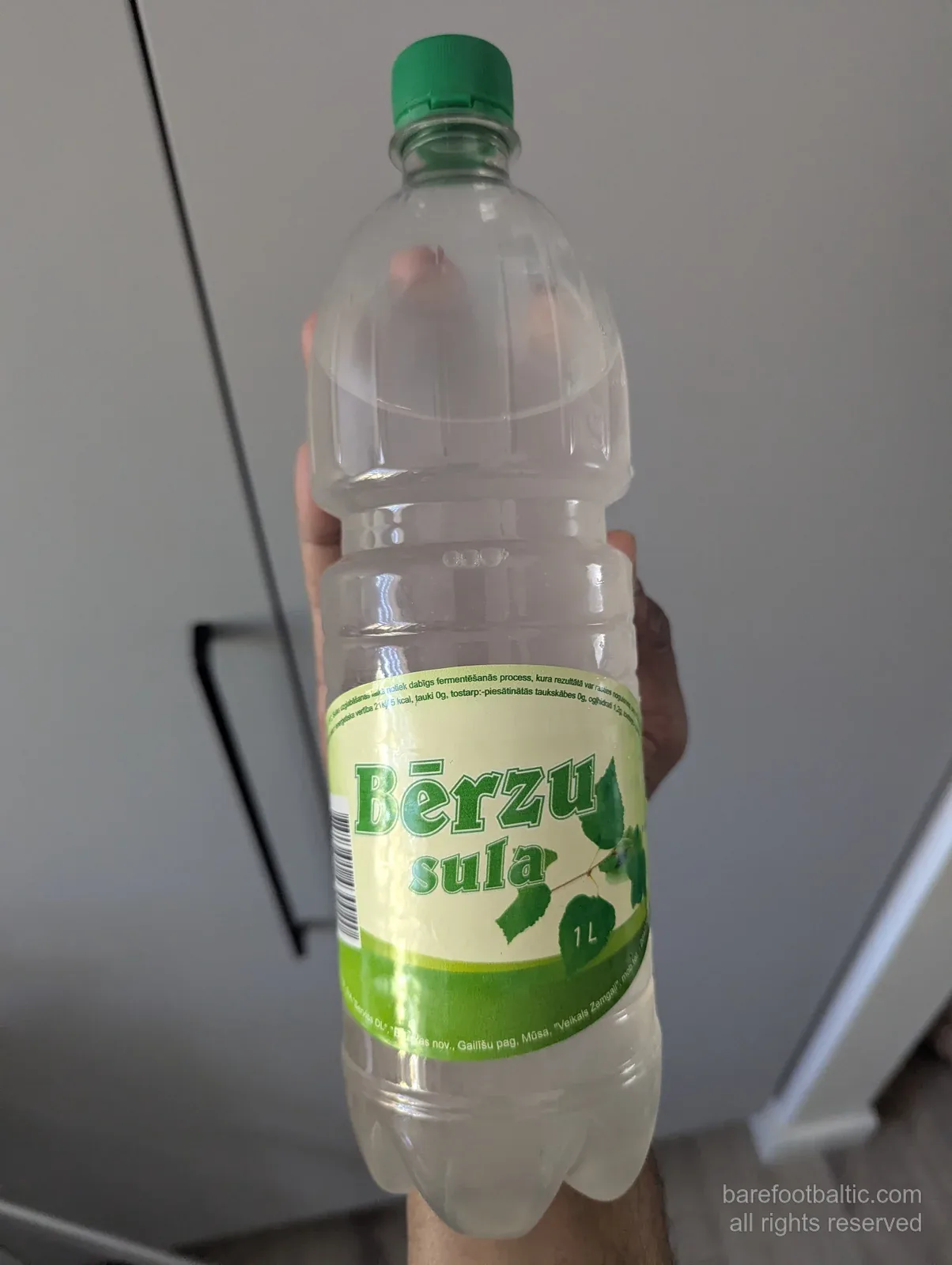 Eine 1-Liter-PET-Flasche Bērzu sula (lettischer Birkensaft) mit grünem Blattetikett, gegen eine Küchenwand gehalten