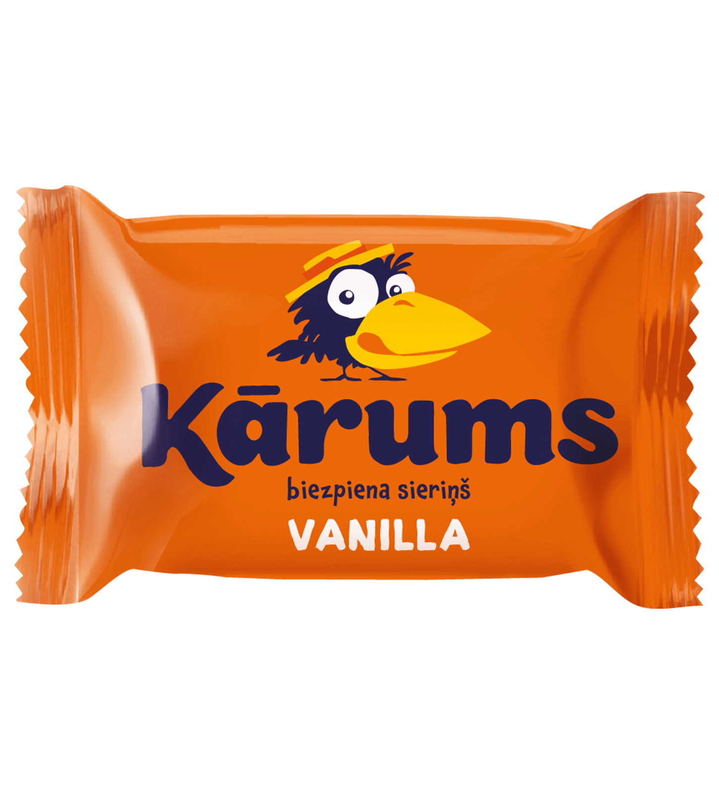Kārums Biezpiena sieriņš Vanille, die lettische unbeschokelte Quarkriegel-Variante in orange Verpackung mit dem gezeichneten Kārums-Raben