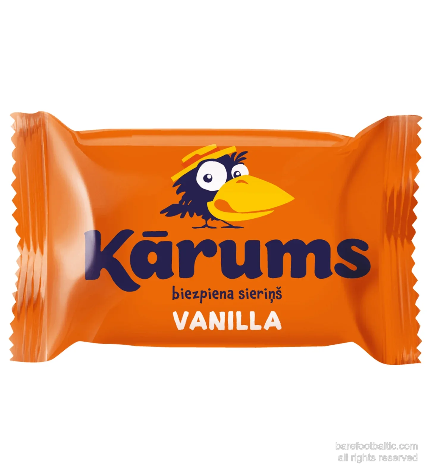 Kārums Biezpiena sieriņš Vanille, die lettische unbeschokelte Quarkriegel-Variante in orange Verpackung mit dem gezeichneten Kārums-Raben